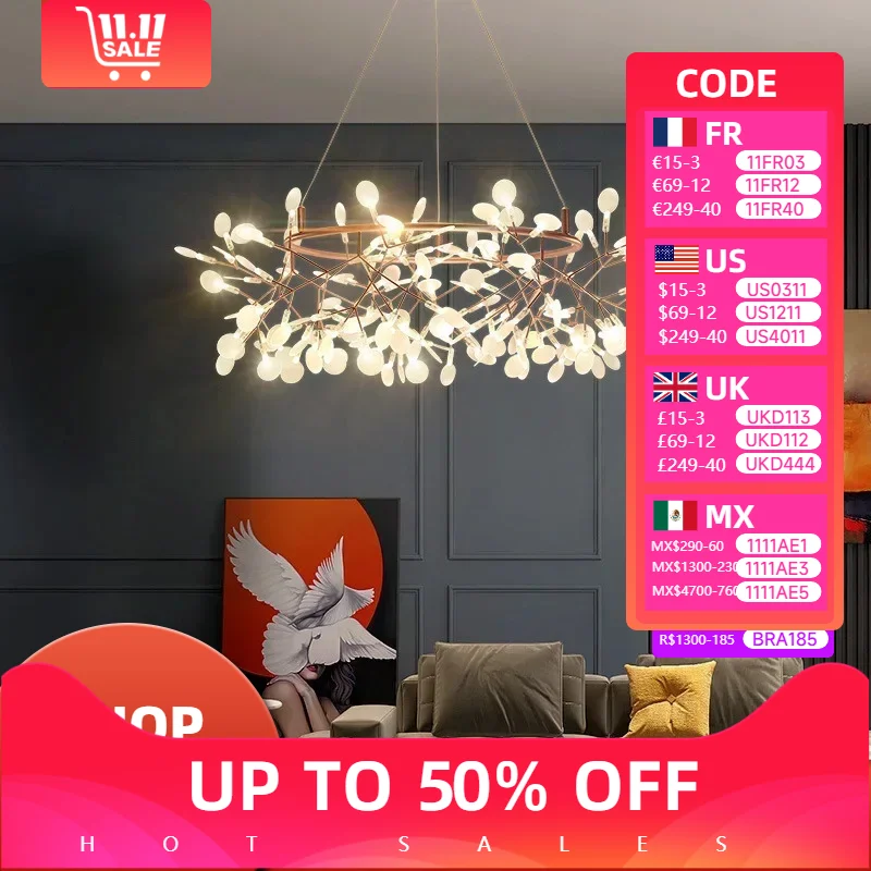 

American Living Lamps for Room Modern Kitchen Dining Table Firefly Led Lights Branch Round Ceiling Chandelier Home Decorations