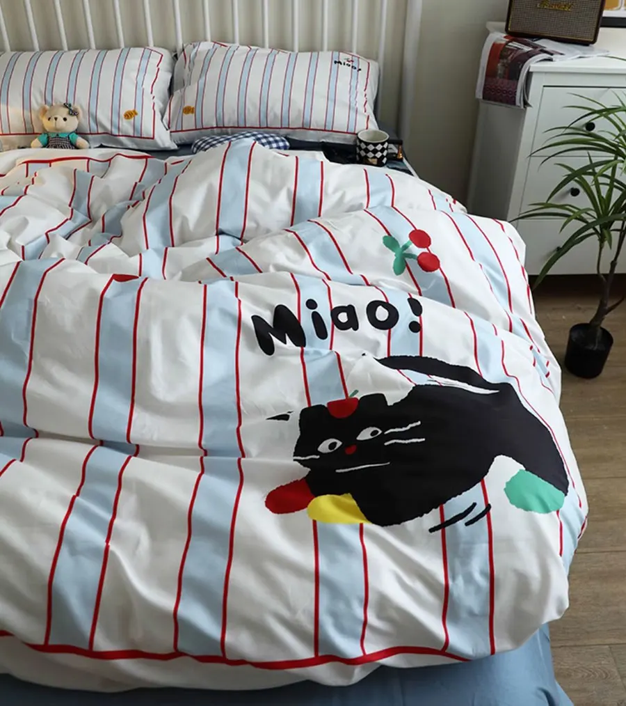 Cute cartoon cat stripe bedding set 1.2 1.5 1.8 2.0,twin full queen king cotton home textile bed sheet pillow case quilt cover