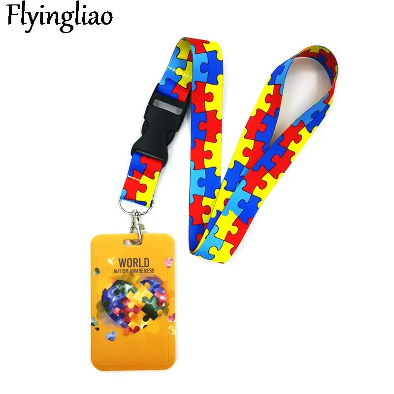 Autism pattern orange Anime Lanyard Badge Holder ID Card Lanyards Mobile Phone Rope Key Lanyard Neck Straps Keychain Key Ring