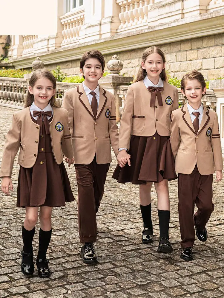 Conjunto de roupas de uniforme escolar primário infantil para meninos e meninas britânicos, jardim de infância, primavera e outono