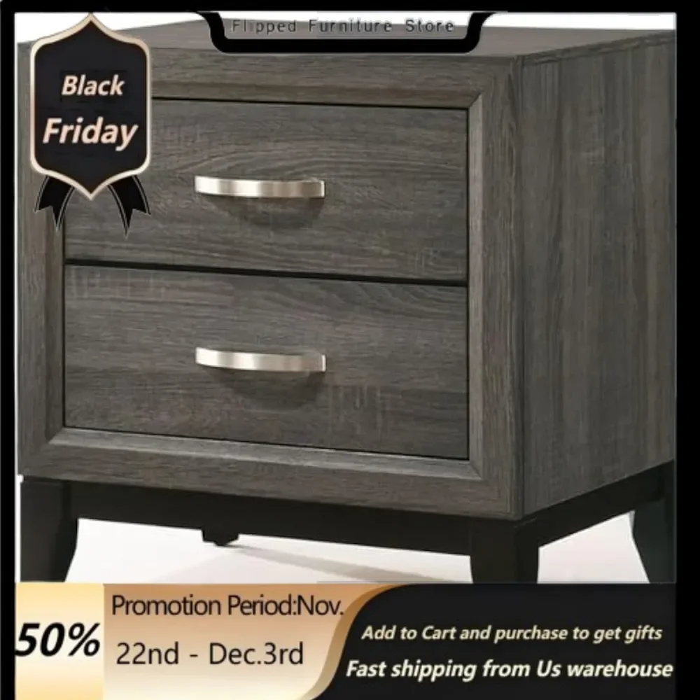 Metal and Wood 2-Drawers Nightstand in Weathered Gray.