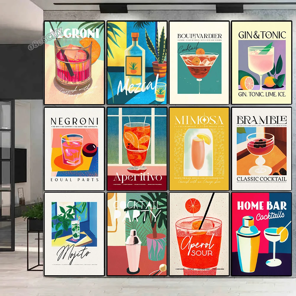 Retro Club Bar tienda hogar Decoración de pared Mural Vintage whisky Sour Tropic Cocktail mezcla botella arte carteles impresiones pintura en lienzo
