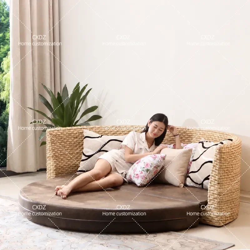 Foldable Sofa Bed for Small Apartments Double Multi Function Round Push Pull Rattan Style Four Season Universal Sleeper