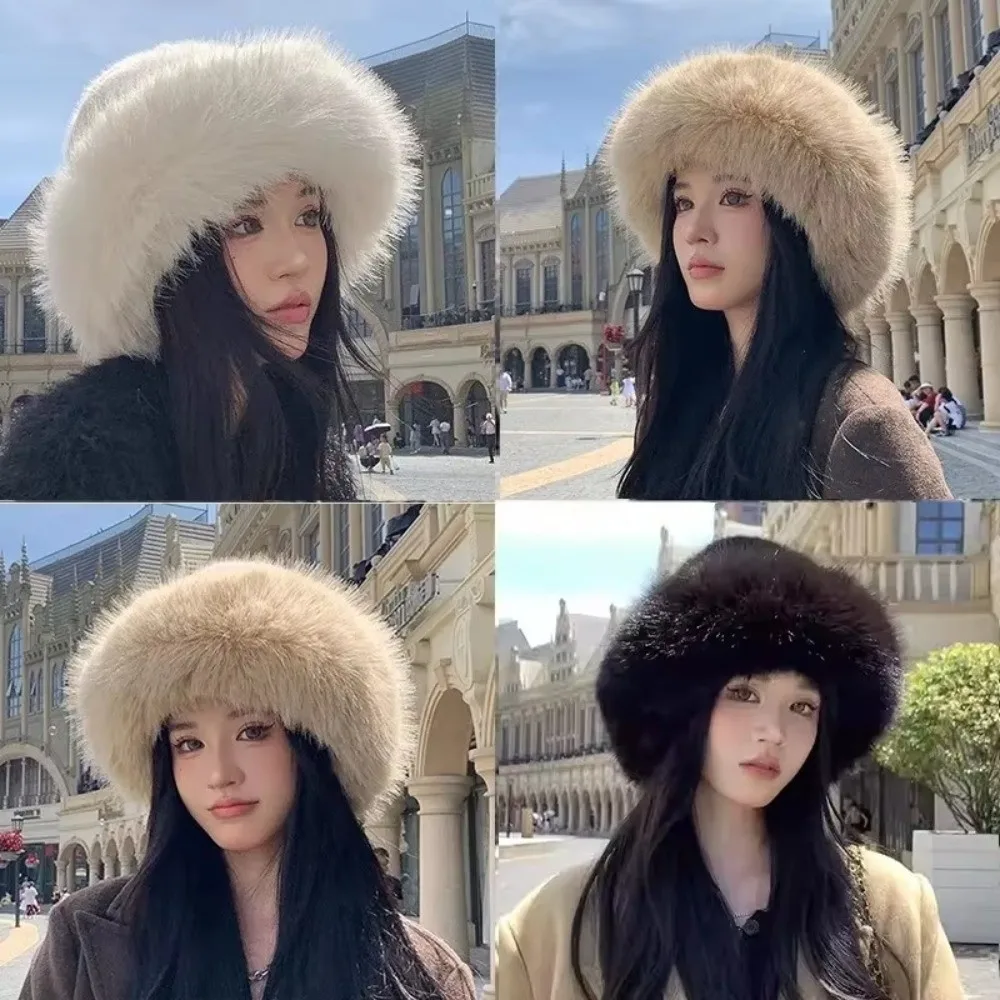 New Fluffy Fur Winter Hat Plush Solid Color Fisherman Hat Cold Windproof Thicken Bucket Hat for Women Girls