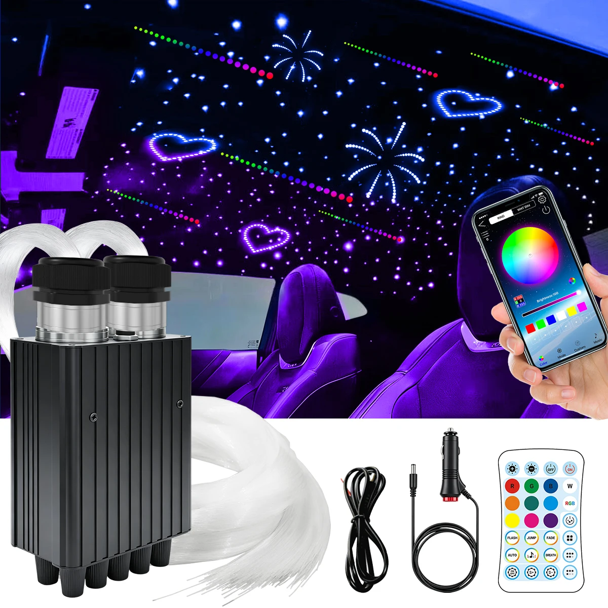 Kit de plafonnier RVBW de luxe à effet scintillant et étoiles filantes pour voiture, avec fibres optiques RVBW pour éclairage d'ambiance intérieur, 1000 pièces RVBW à couleur simple/double scintillante en option, 200 pièces blanches/RGB à effet météore en option