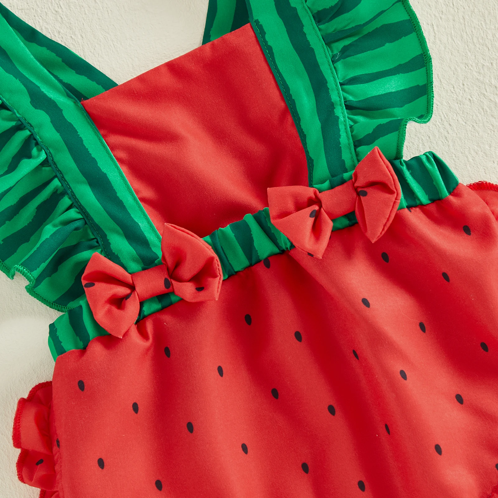 Newborn Girl Outfit Fly Sleeve Contrast Color Watermelon Romper with Bowknot Hairband Summer Baby Bodysuits Costume Clothes