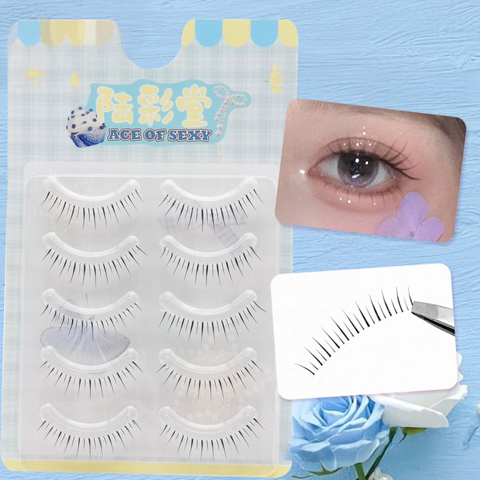 5 Par Sztucznych Rzęs w Stylu Tajskim 0.05mm Czarne 5-8mm Mieszane Kręcenie C z Cienkim Przezroczystym Paskiem Naturalny Wygląd