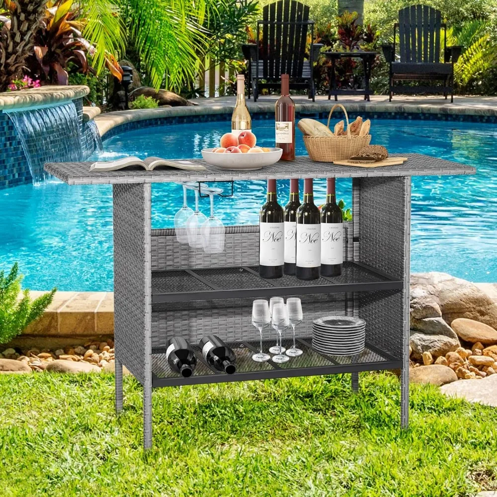 Outdoor Wicker Bar Table, Patiojoy All Weather Patio Bar Height Table with 2 Metal Mesh Shelves & 2-Rail Steel Stemware