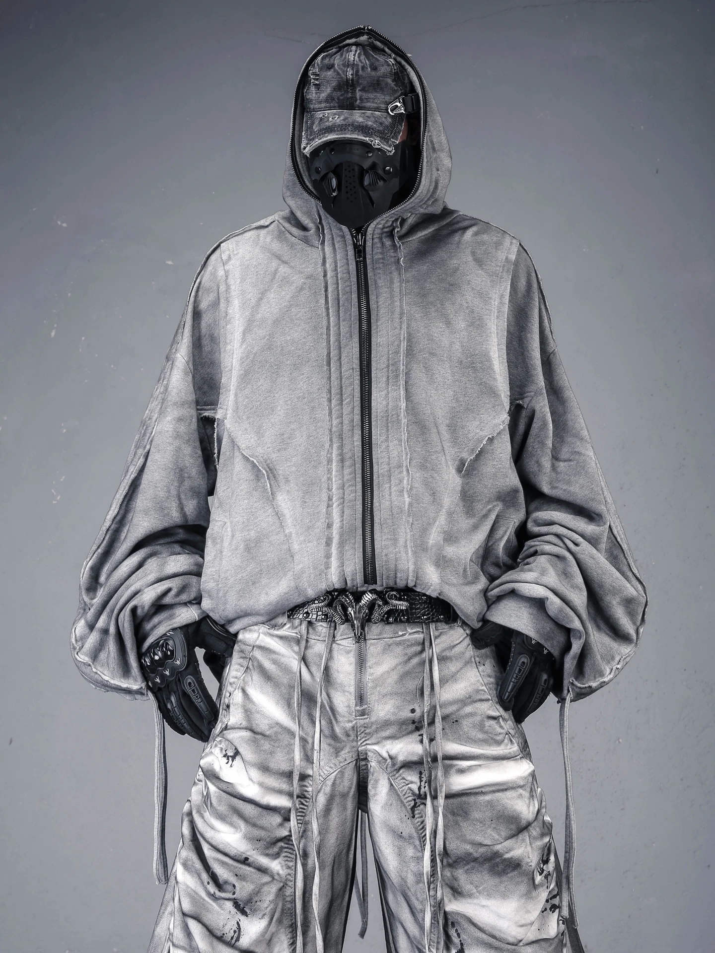 Vintage Desert Style Men's Hoodie Heavy Duty Dyeing Full Zip Face Covering Design Loose Outerwear Trendy Cotton Long Sleeve