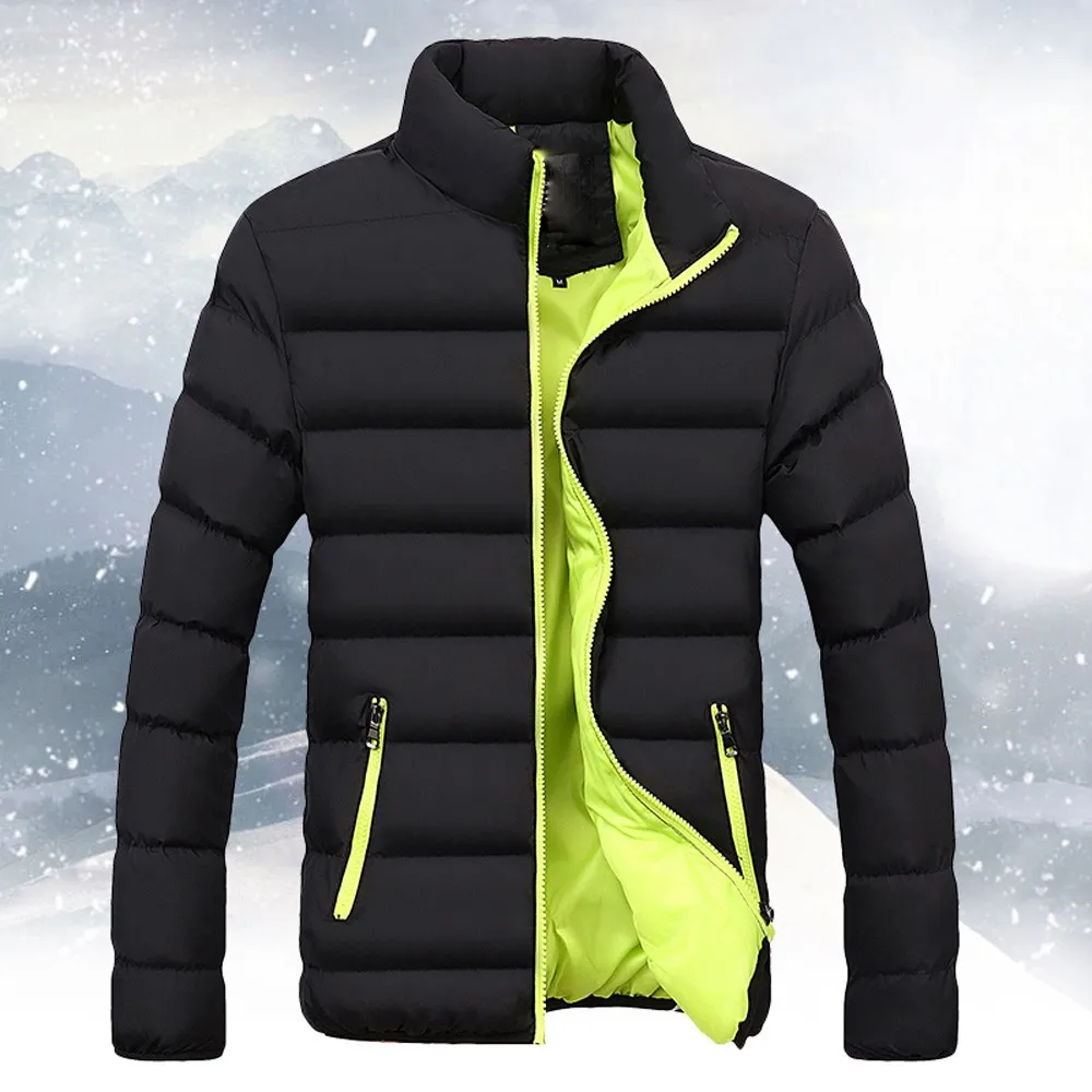 Men's Outdoor Sport Cotton-Padded Jackets Black Long Sleeve Zipper Stand Collar Slim Warm Down Jackets Plus Size Outwears Parkas