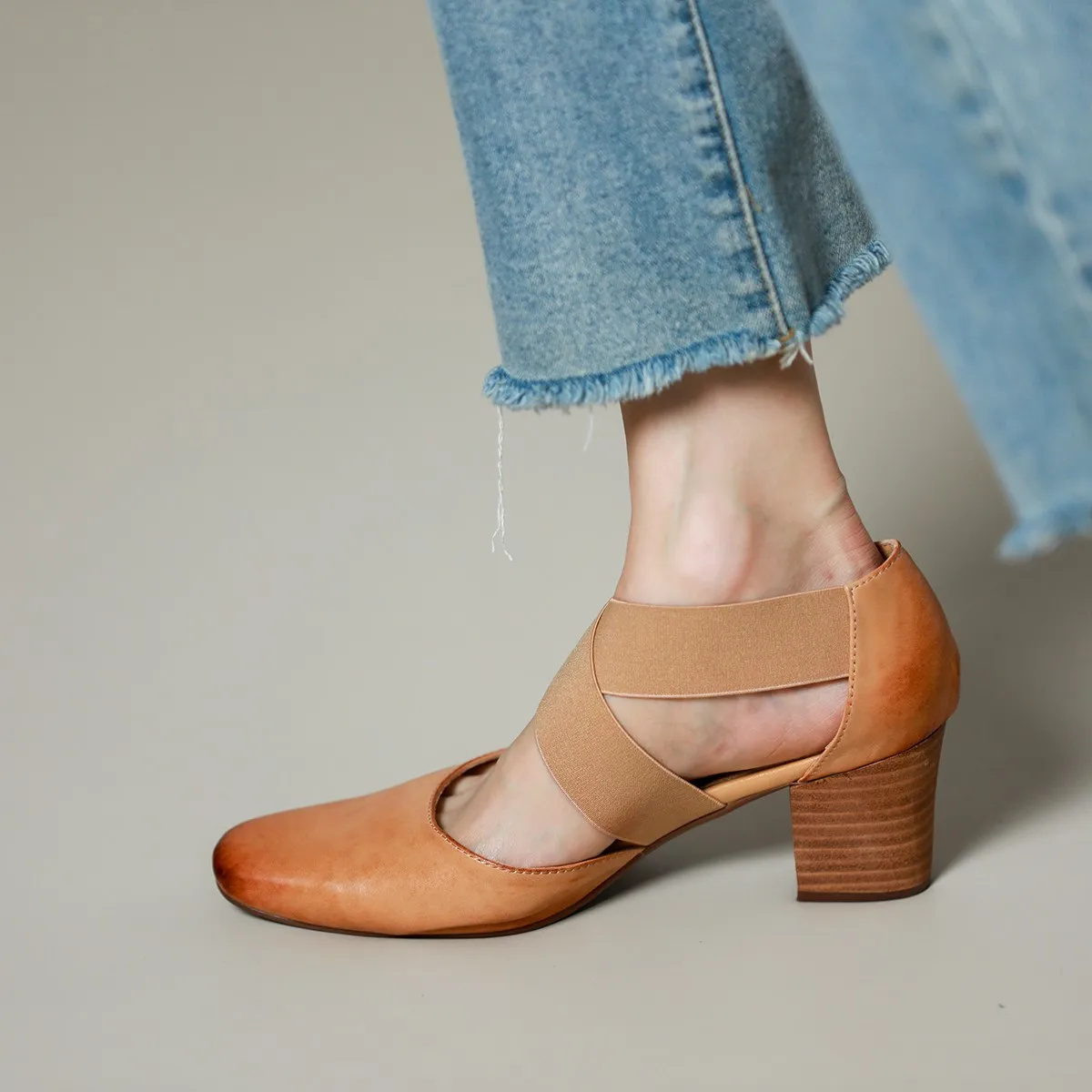 Tacón grueso 6,5 CM punta redonda estilo francés zapatos de verano de piel de vaca zapatos de tacón para mujer sandalias de mujer atadas cruzadas zapatos de tacón Retro para primavera y otoño