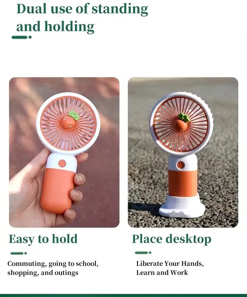 Handheld cartoon mini fan, student desktop fan, USB charging, fruit, various styles and colors, summer