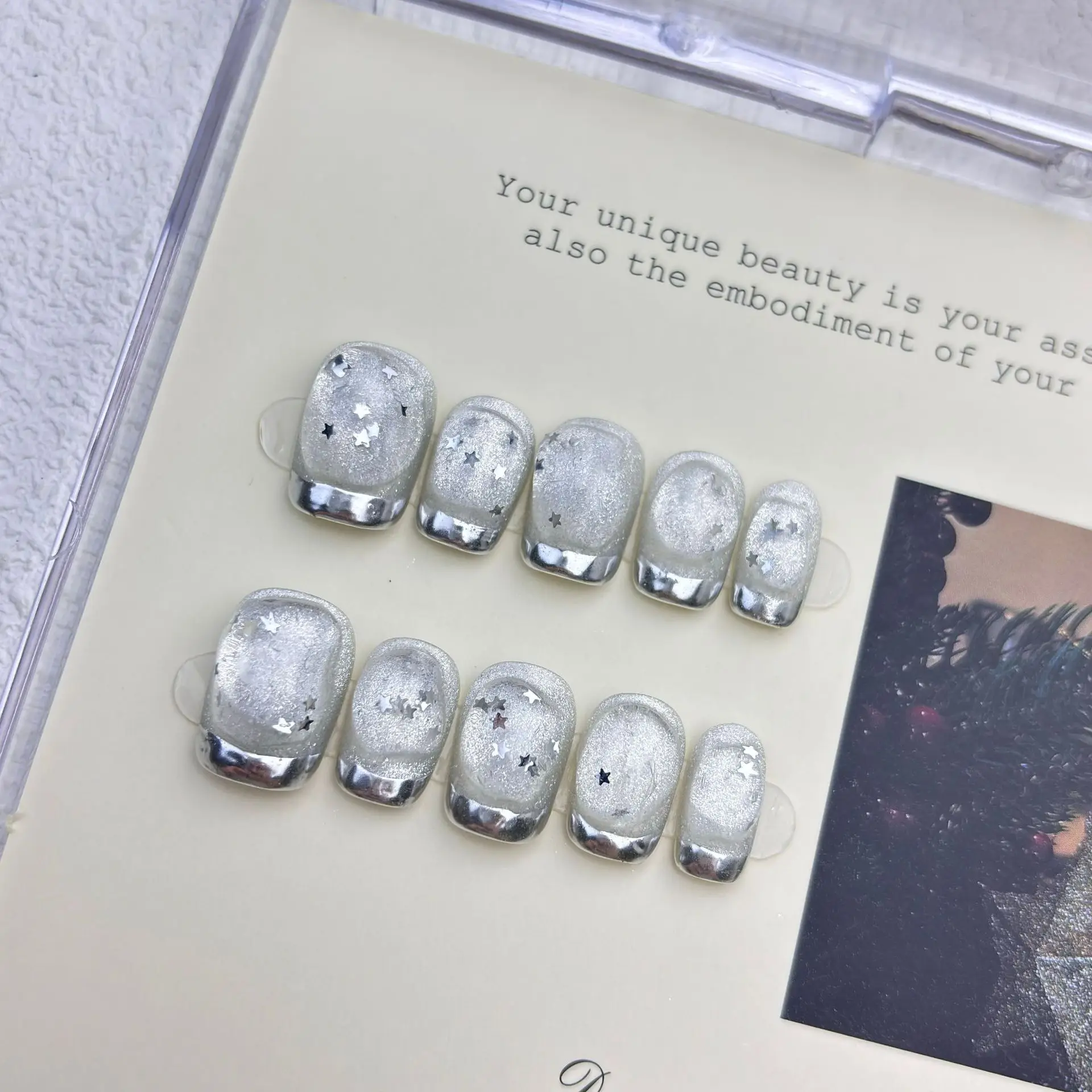 

10 шт., носимые полуручные пресс для ногтей, блестки «кошачий глаз» с крышкой в виде звезд, накладные типсы для ногтей для женщин и девочек