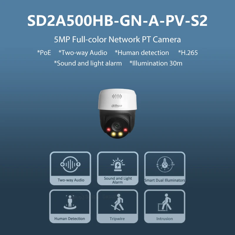 Dahua-Câmera de Alarme PoE Inteligente, Alarme de Som e Luz, Detecção Humana, Conversa Bidirecional, IPC SD2A500HB-GN-A-PV S2 ao ar livre, Colorido, 5MP