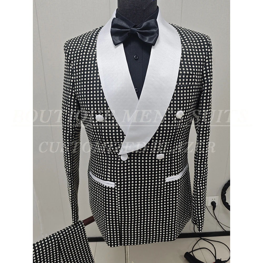 

Мужские костюмы высокого качества, роскошные двубортные костюмы в горошек с шалью и лацканами, облегающие комплекты из двух предметов, куртка и брюки, мужская одежда по индивидуальному заказу