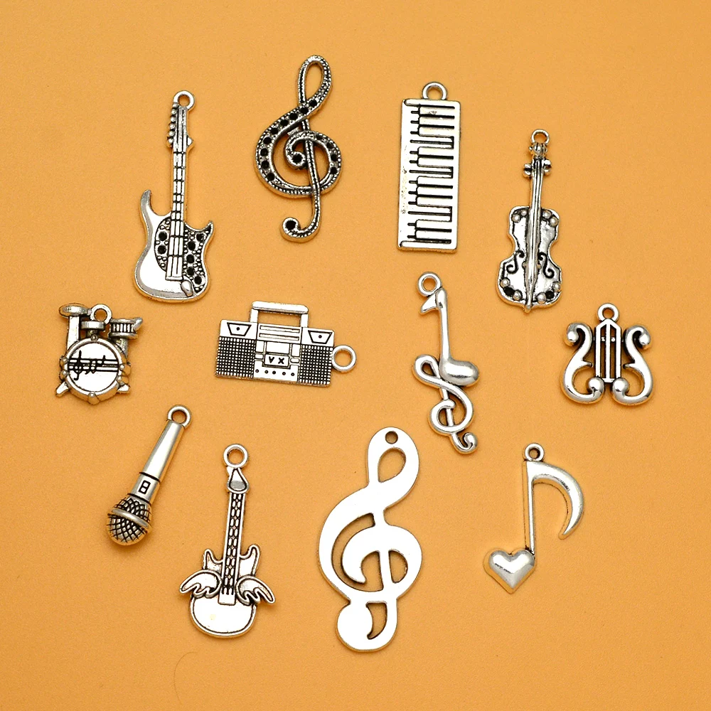 ヴィンテージアンクルチャームマイク、ギター、ドラム、ラジオペンダント、DIYジュエリー作り用品、アクセサリー、15個/ロット