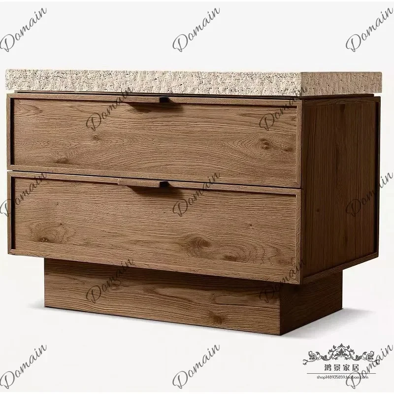 80 N American solid wood bedside table travertine countertop double pumping storage bedside cabinet storage storage cabinet