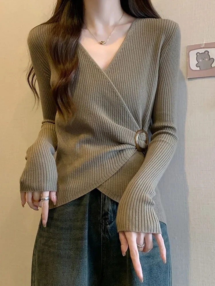 Plus Size 3xl Fall Winter Long Sleeve Sexy Knit Tops Women Korean Fashion V-neck Long Sleeve Simple Clothes Elegant Chic Sweater