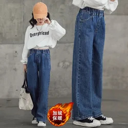 2025 Winter Girls Padded Jeans Pants Plush Lining Thick Warm Casual Trousers For 3-12Y Kids Fashion Denim Straight Leg Pants