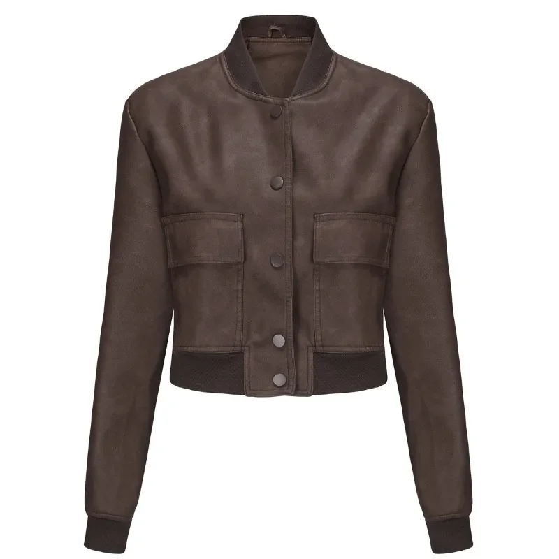 Women's Clothing Ribbed Shrink Leather Jacket ZXRYXGS 2024 Superior Soft Pu Leater Loose Cardigan Jacket Casual Fashionable Coat