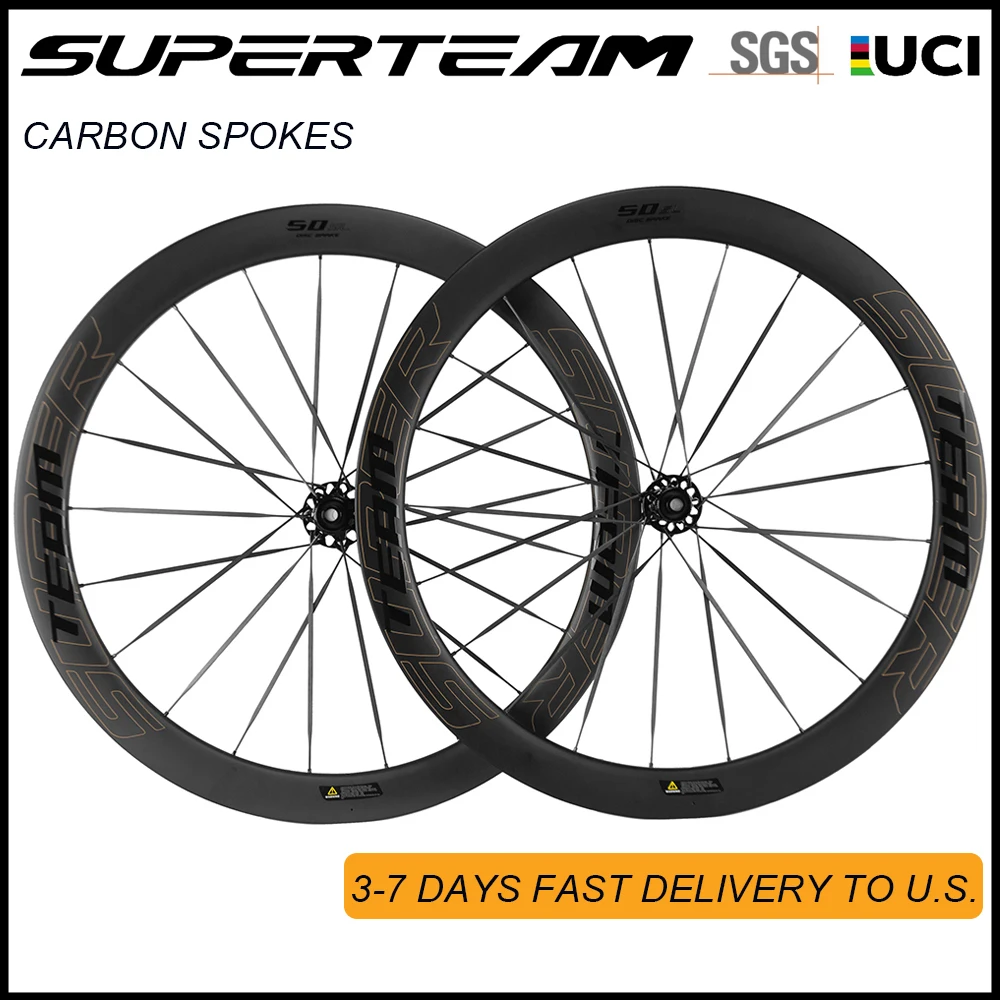 SUPERTEAM Carbon Fiber Wheels 700C Road Bike Disc Brake Wheelset UCI Carbon Spoke Ratchet Center Lock Or 6-bolt Lock  hub