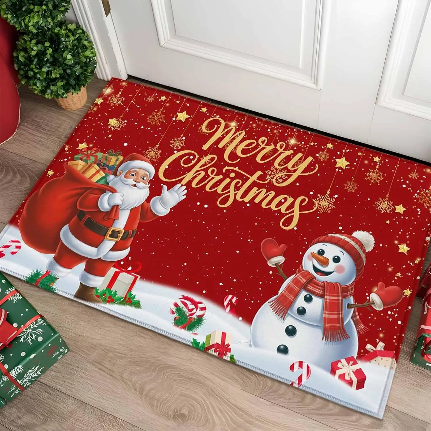 

VIKAMA Christmas Welcome Door Mat - Santa's Anti-Slip Washable Entry Carpet for Kitchen, Bedroom and Home Decor