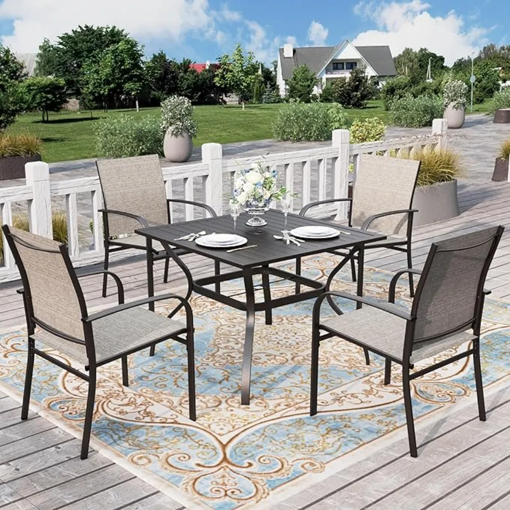 5 Pieces Patio Dining Set, Outdoor Table and Chairs Set for 4, 4 x Grey Textilene Dining Chair, 37