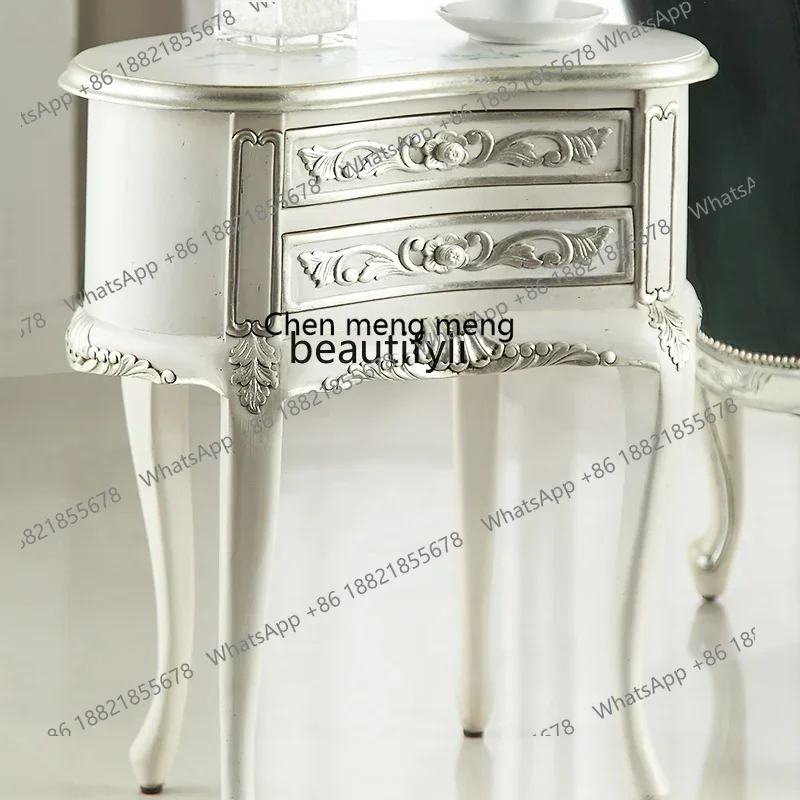 

ss7304 Simple French Elegant White Drawing Silver Bedside Table Solid Wood Bedroom Furniture European Style Bedside Cabinet