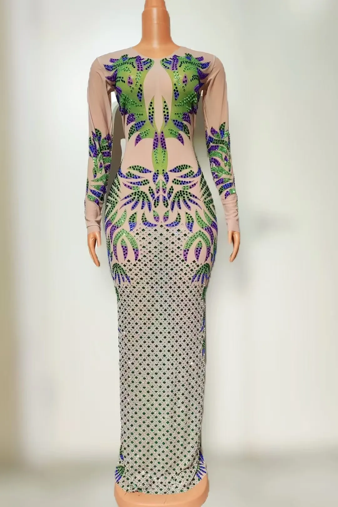 

New Purple Green Rhinestones Party Dress WomenCelebrate Evening Dresses Jazz Costume Bar SingeOutfit Stage Catwalk Wear A826