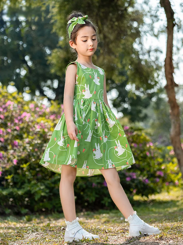 

Baby Girls Dresses With Hair Band 2022 Summer Green Sleeveless 100% Cotton Printed Kawaii Children Wear 4yrs 8yrs Clothing 150cm