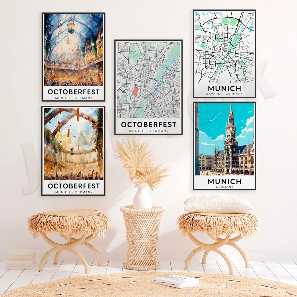 Munich city print, Munich Marienplatz, Oktoberfest, Munich map, folk festival party, Octoberfest, Munich Germany travel poster