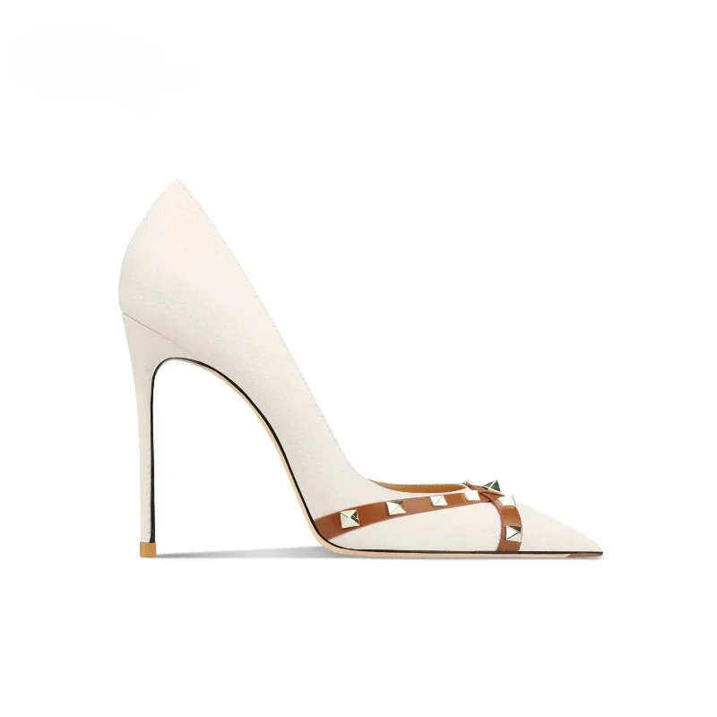 New Fashion Rivet off white High Heels for Women with Thin Heels Sharp Pointed Shallow Mouth, Versatile Style, Single Heel Shoes