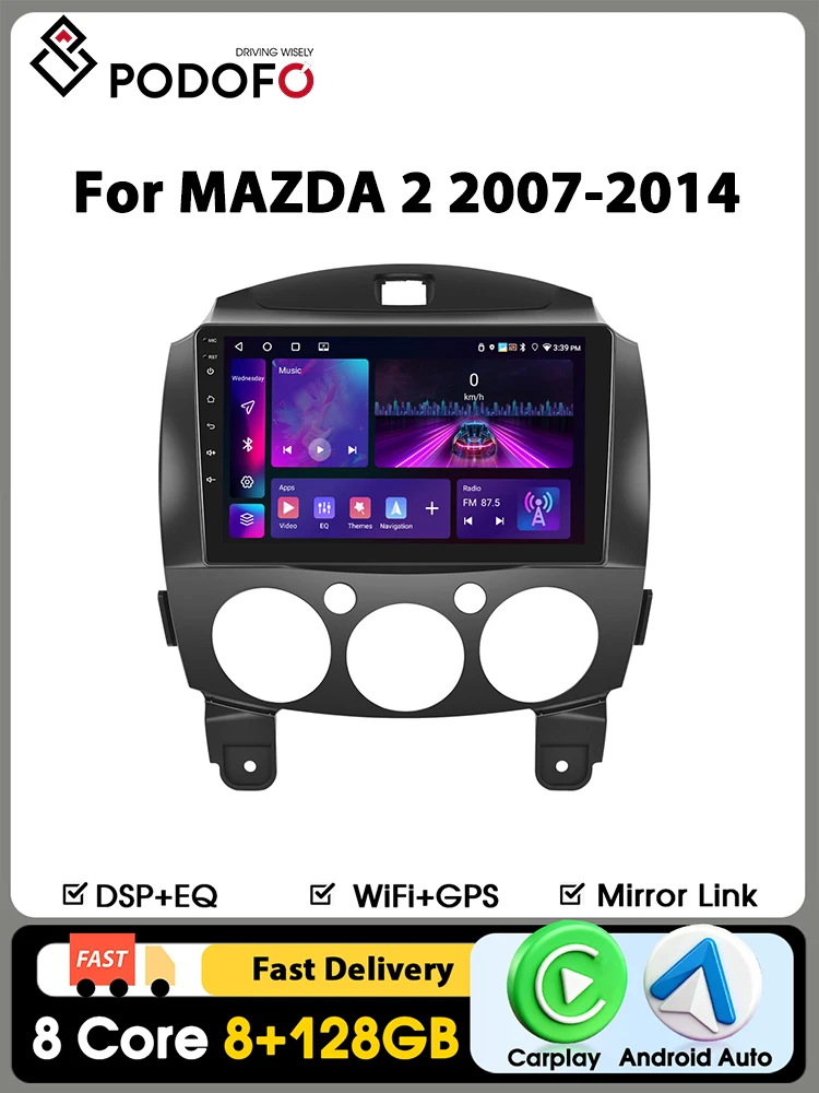 Podofo 9" Carplay Autoradio für MAZDA 2 2007-2014 Intelligentes Autoradio Android Auto GPS-Navigation KI-Sprachsteuerung WIFI 24G FM RDS Mirrorlink Geteilter Bildschirm
