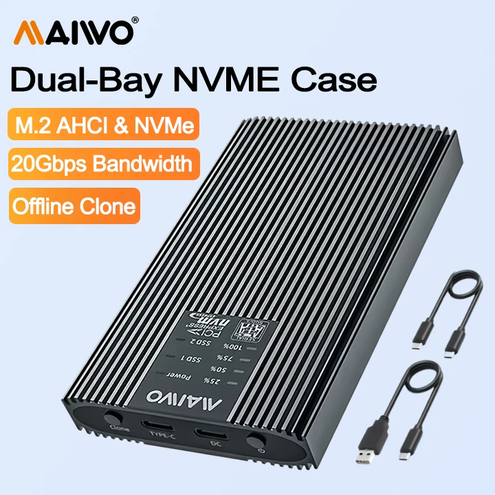 

MAIWO 20Gbps M.2 NVMe Cloner Dual Bay AHCI/NVMe USB 3.2 Type-C to NVMe SSD Enclosure Aluminum M.2 Duplicator Offline Clone Case