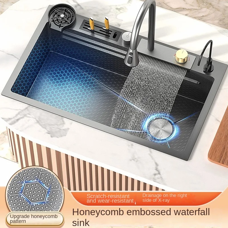 Digital display honeycomb technology  farmhouse raindance waterfall kitchen sink with cup washer kitchen sink stainle