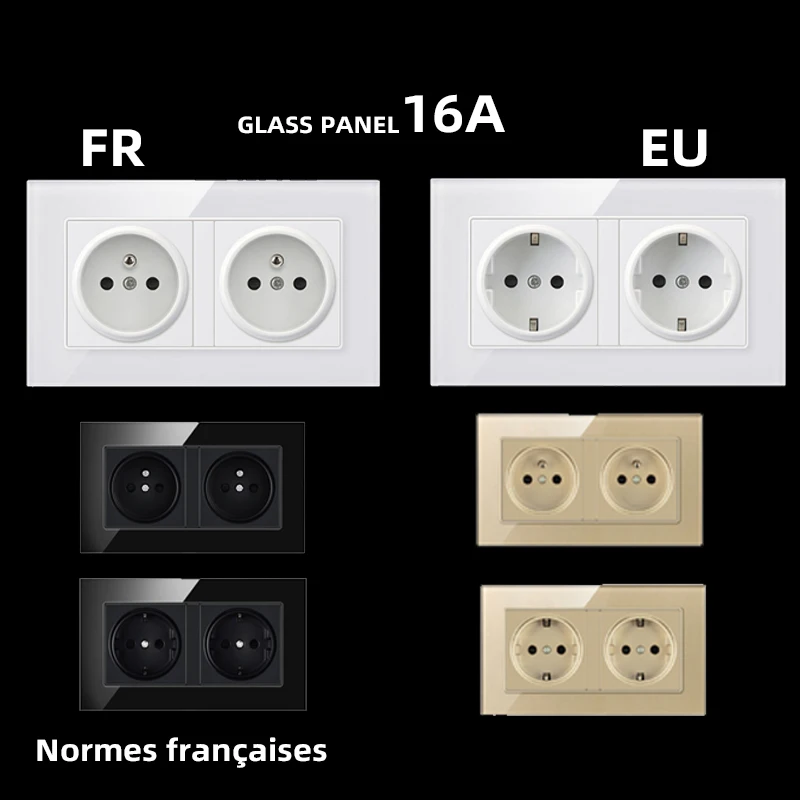 

EU FR Wall Sockets 2 outlet France KR 16A 90~250V 3800W Tempered Glass Panel Black White 147 Concealed Household Electric Socket