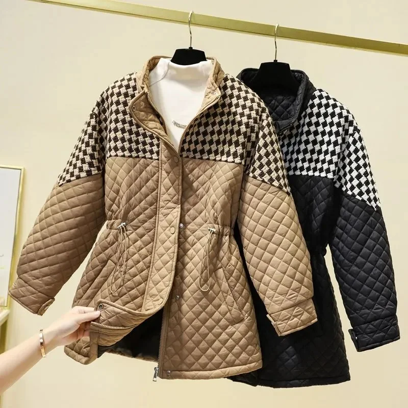 Plus Size Down Cotton Jacket Women's Winter Jackets 2024 New Mid-Long Khaki Black Rhombic Mosaic Houndstooth Cotton Coat Female