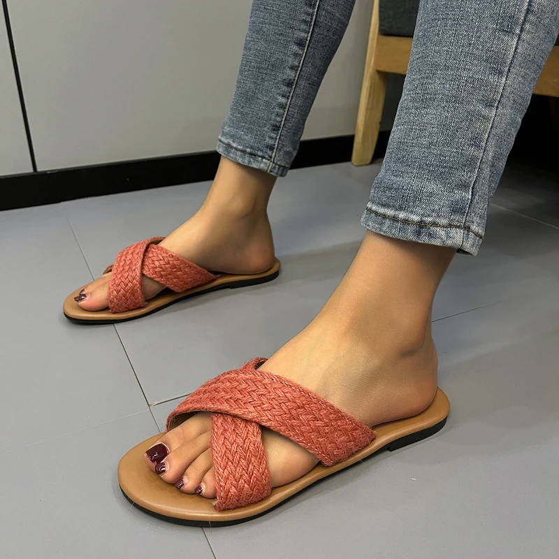 Zapatos básicos de alta calidad para mujer, zapatillas de tendencia de verano para exteriores, Punta abierta, zapatillas de fondo plano sólido, 2023