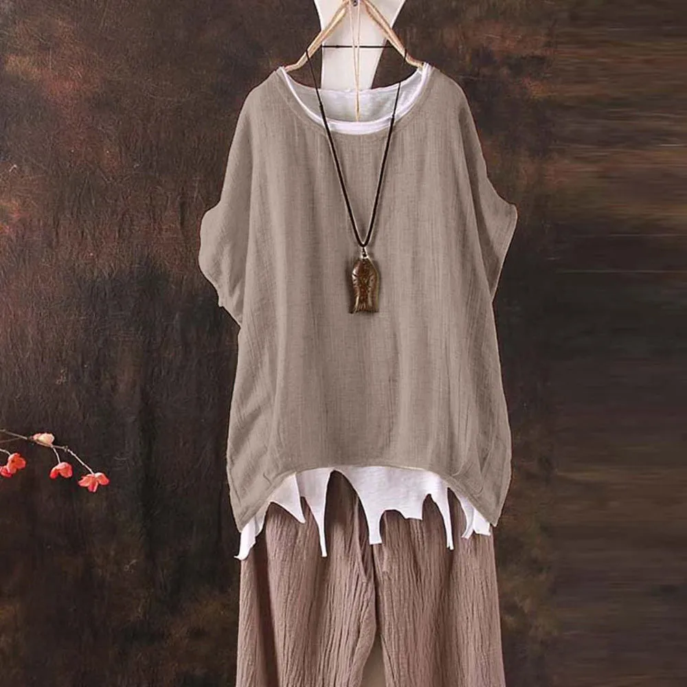 Vintage Women Linen Shirt Top Short Sleeve Solid Color Loose Plus Size T Shirt Crew Neck Woman Blusas Tunics 2022