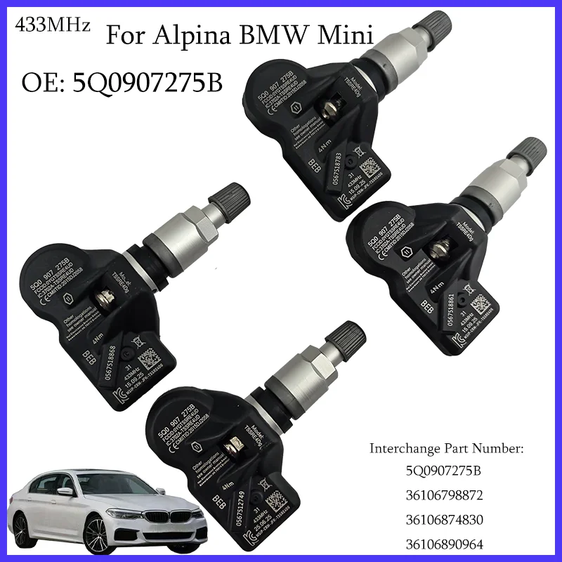 4PCS 433MHz Tire Pressure Sensor For Alpina 6 D5 XD3 BMW F10 F07 F12 E84 F25 F26 E89 Mini R60 R61 TPMS 36106798872 5Q0907275B