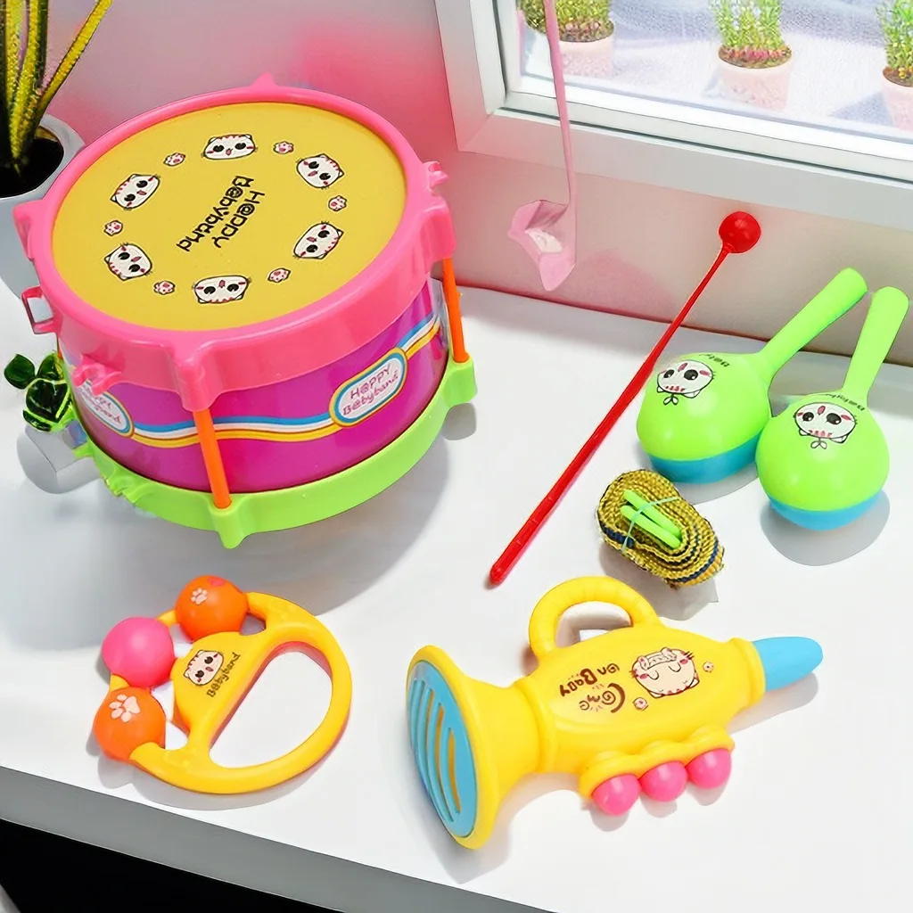 

Wecute 5PCS Musical Instruments for Kids Sand Hammer Horn Drum Early Education Toy Set for Babies Enhance Beat and Sound