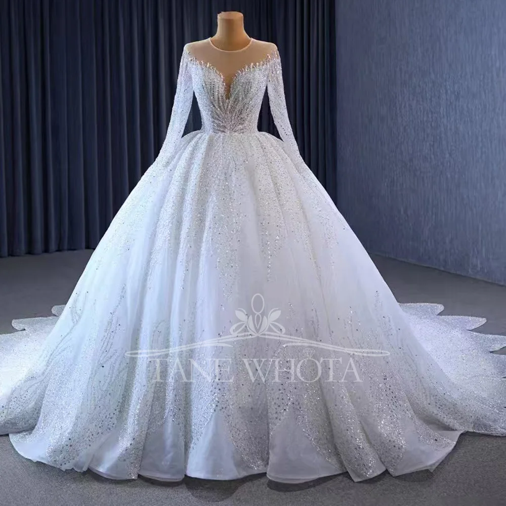 Wedding Dress O Neck Long Sleeves Lace Up Back Sequined Crystal Ball Gown Customized Bridal Dress