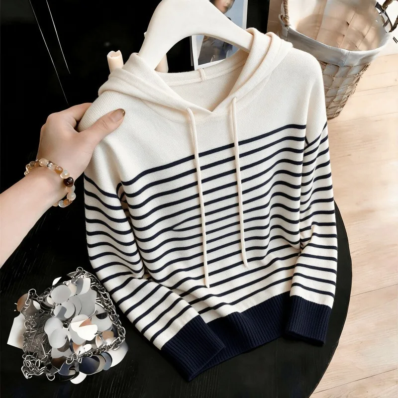 New Drawstring Contrasting Color Striped Hooded Sweater Women' Small Fragrant Black Pullover Long-sleeved Knitted Sweater Simple