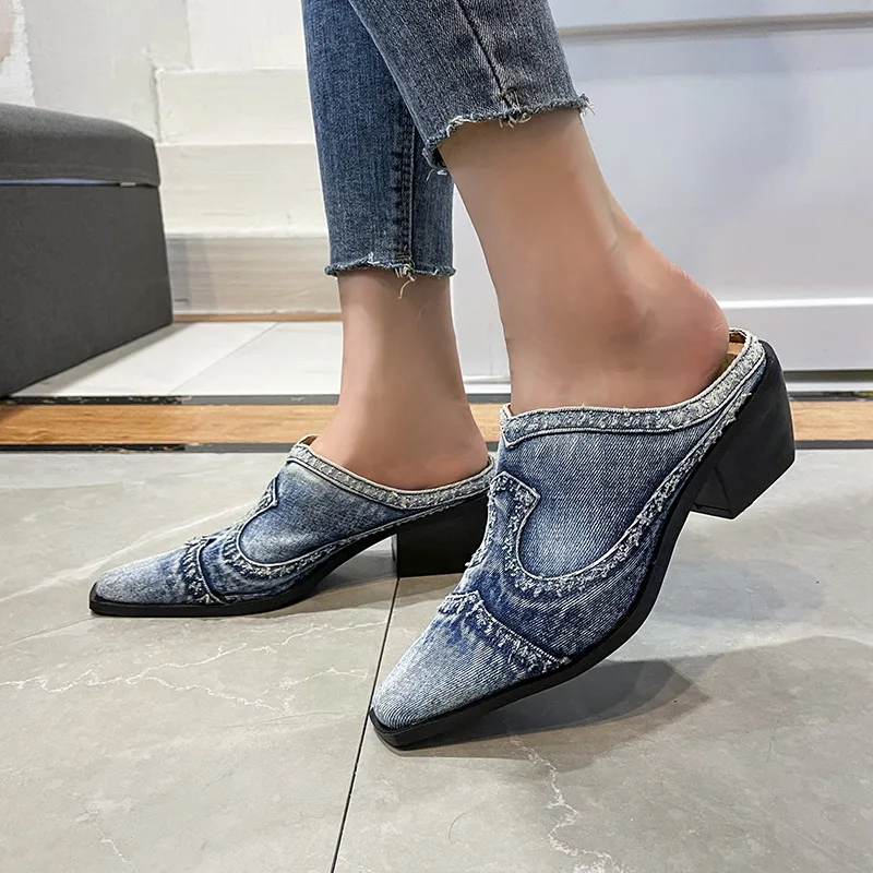 2022 New Retro Cowboy Mules Half Sandals Ladies Mule Heel Slippers British Square Toe Short Boots Mid-heel Cloth Shoes Blue