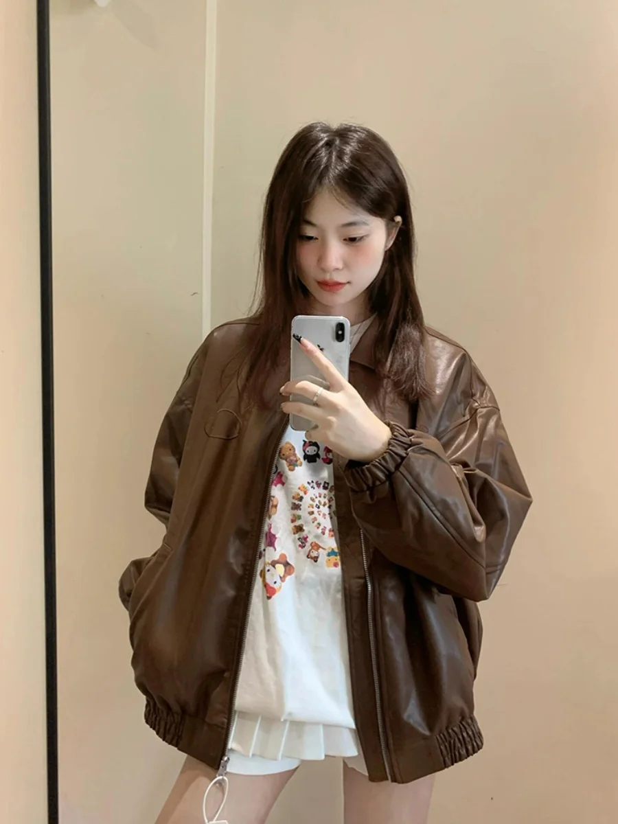 Große Größe American Sle Coffee PU Leder Jaet Damen Herbst Neue High-End Lose Heavy Du Paar Motorrad Jaet