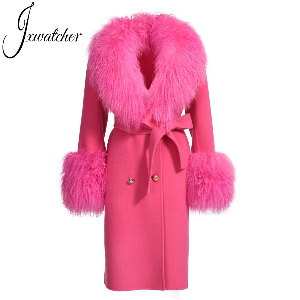 Jxwatcher Wool Cashmere Coat Women Real Mongolian Sheep Fur Collar Ladies Double Faced Coats Belt Winter Fall Long Trench Jacket