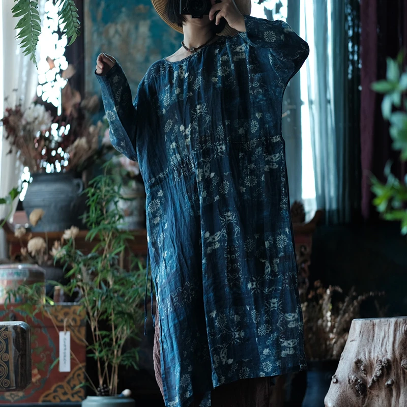 

Женское повседневное льняное платье большого размера, Новое поступление, осень 2022, винтажный стиль, свободные женские длинные платья с круглым вырезом и цветочным принтом M1872