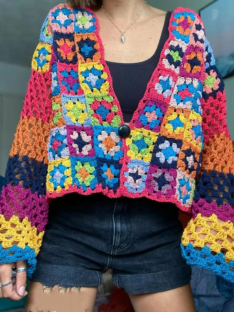 2022 BOHO Plaid Flower Hand Made Crochet Cardigan Woman V neck Long sleeve One Button Sweater Knitwear Jumper Holiday