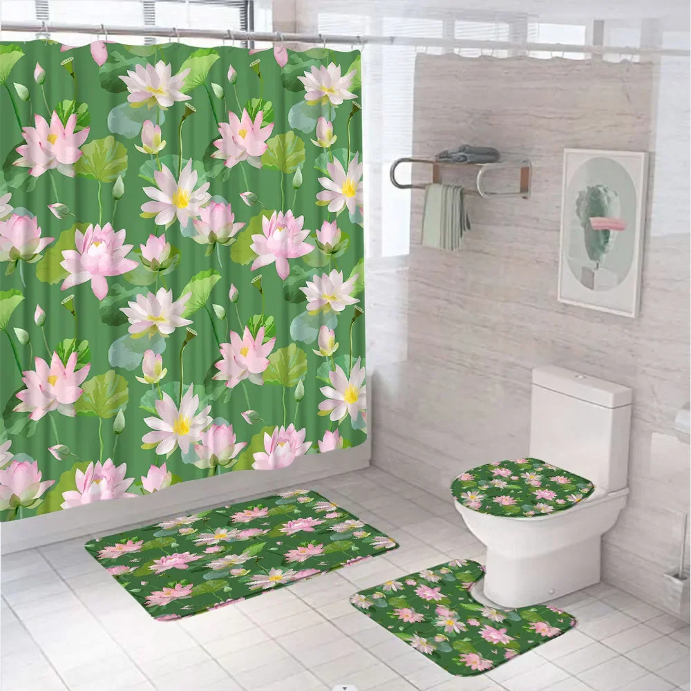 Lotus Green Leaves Shower Curtain Set Summer Flower Pond Scenery Fabric Bathroom Curtains Non-Slip Bath Mat Rug Lid Toilet Cover