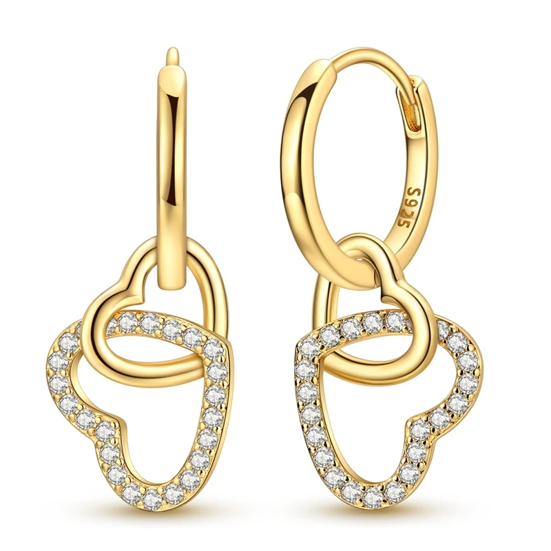 925 Sterling Silber Ohrringe für Damen, Zirkonium-Gold-Herzring, Tropfenohrringe für Jahrestag, Hochzeit, Schmuckgeschenke